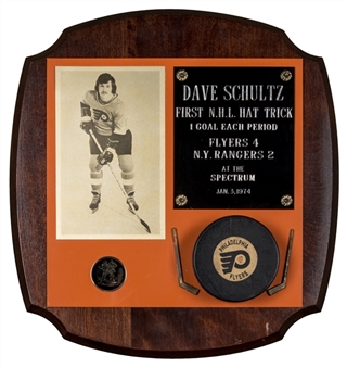 1974 Dave Schultzs 1st NHL Hat Trick Award Plaque With Puck (Schultz LOA)